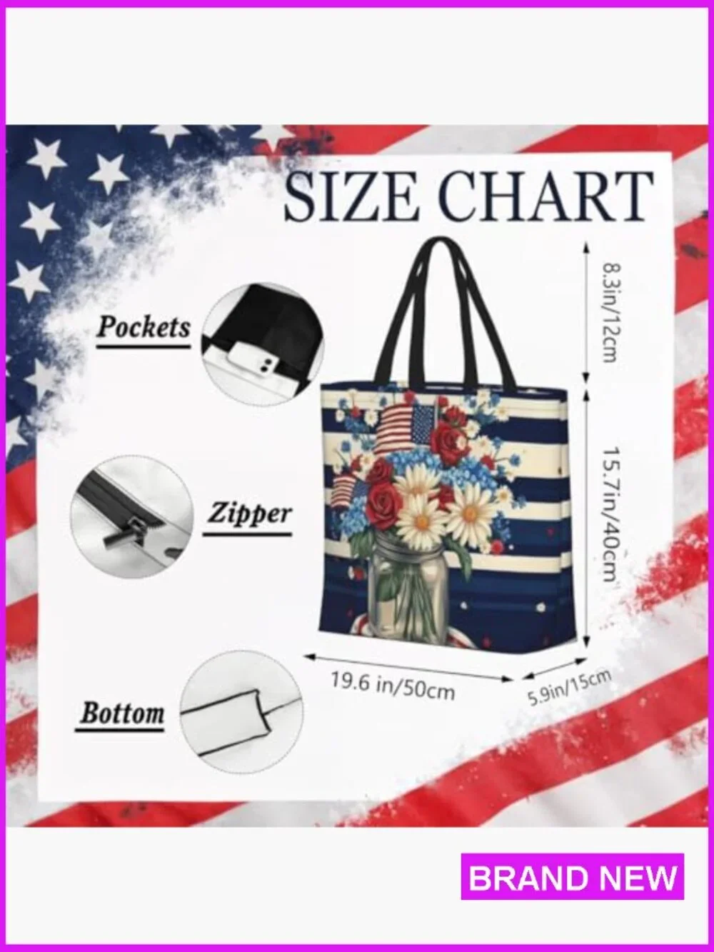 Large Tote Bag With Zipper Reusable Lightweight Patriotic Shopping